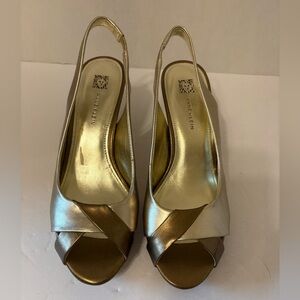 Anne Klein bronze & gold slingback open toe heel sandals size 9 M
